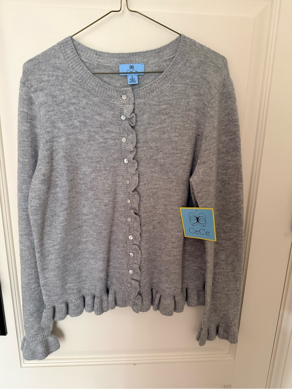 CeCe Grey Knit Ruffled Cardigan USL - Picture 2 of 5